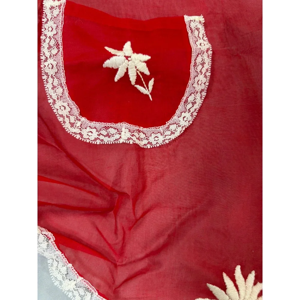 Vintage Red Sheer Organza Half Apron White Floral Embroidery Lace Trim Pocket